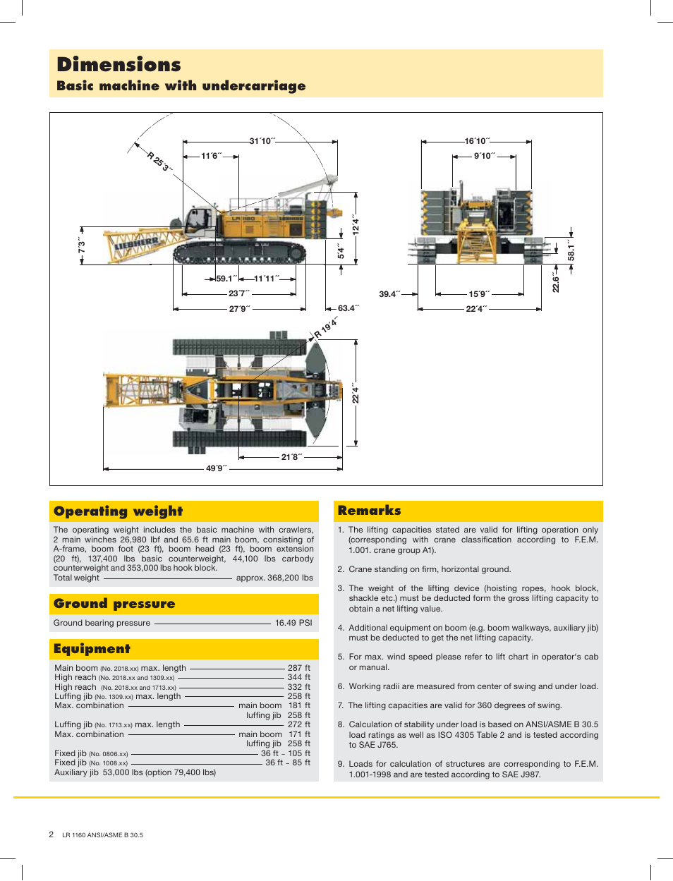 Dimensions, Basic machine with undercarriage, Operating weight | Ground pressure, Equipment, Remarks | Liebherr LR 1160 User Manual | Page 2 / 36