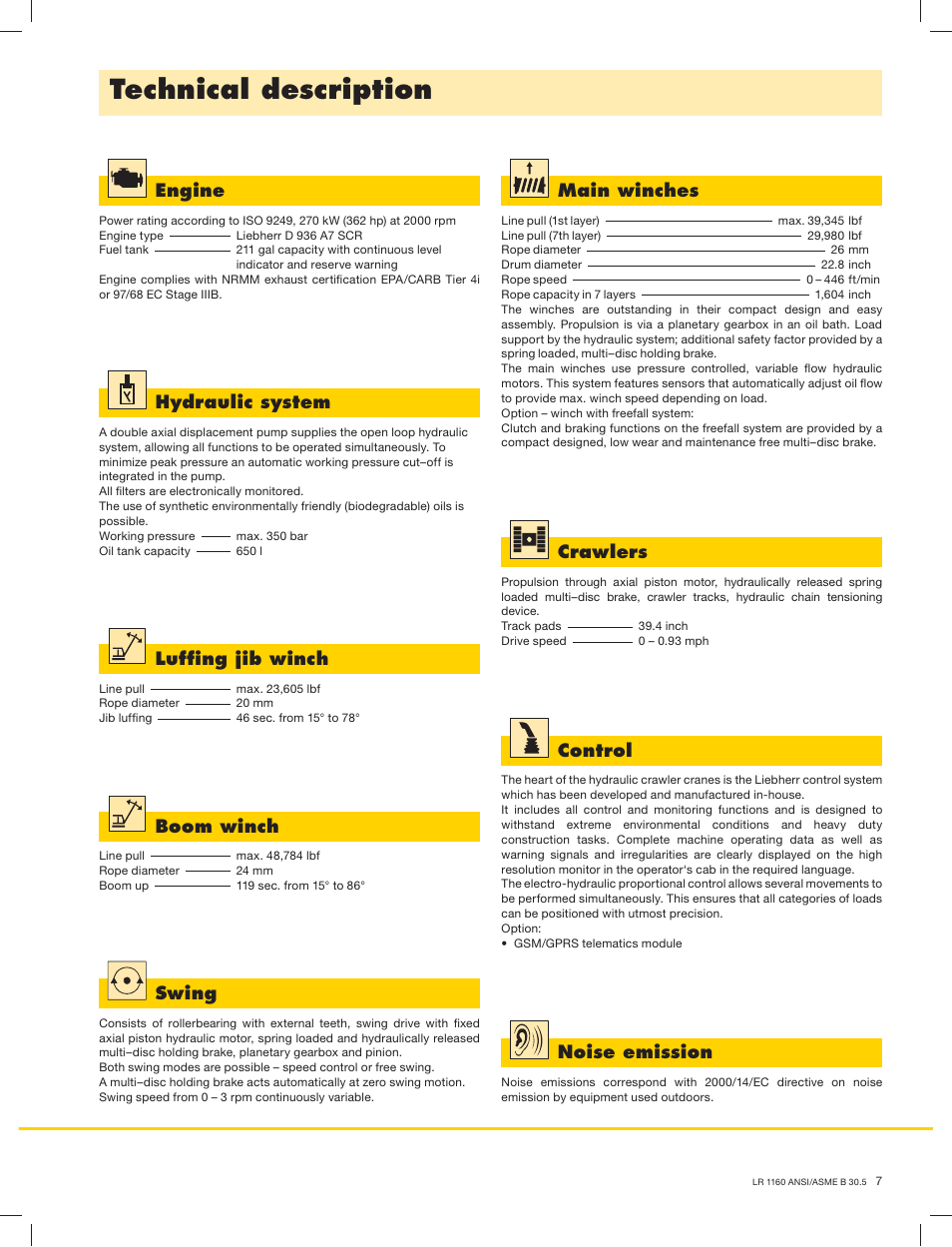 Technical description, Engine, Lufﬁng jib winch | Boom winch, Swing, Main winches, Crawlers, Control, Noise emission, Hydraulic system | Liebherr LR 1160 User Manual | Page 7 / 36