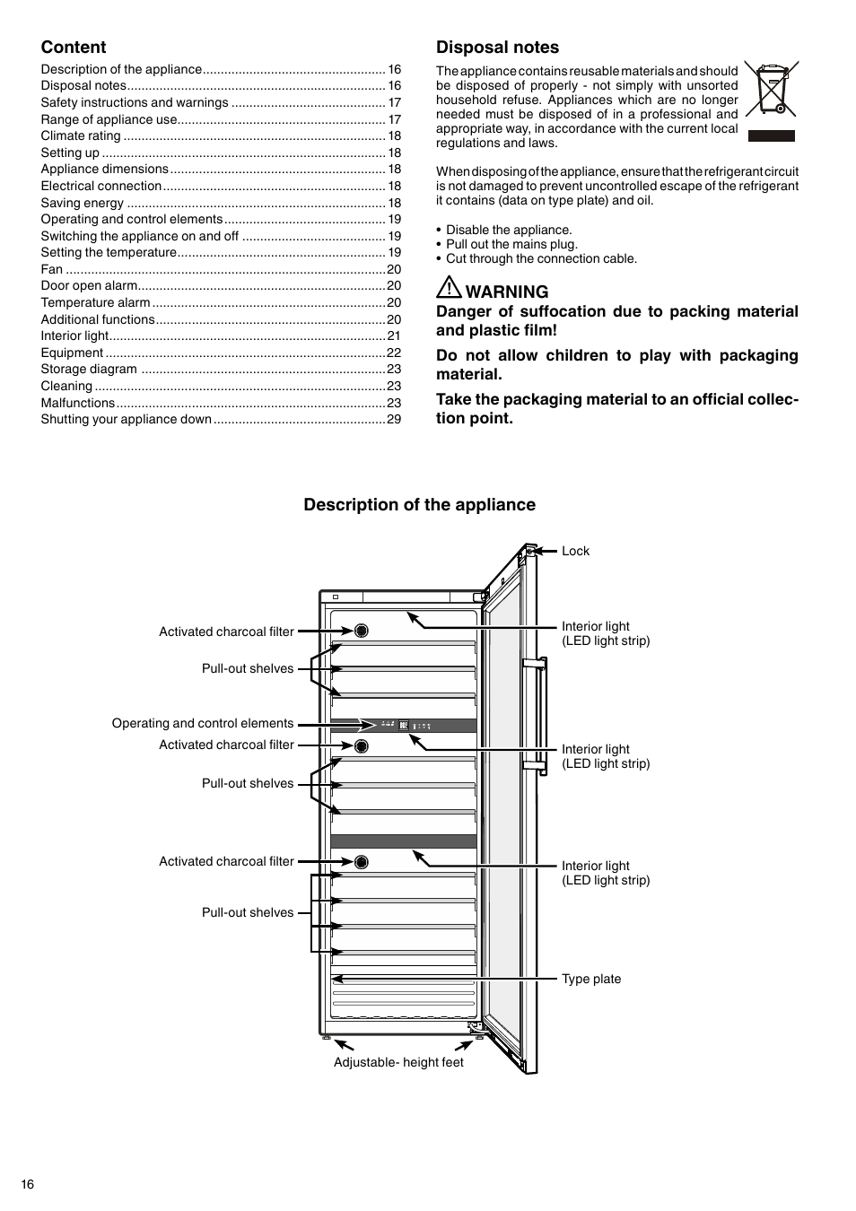 Description of the appliance, Warning, Content | Liebherr WTes 5872 Vinidor User Manual | Page 2 / 15