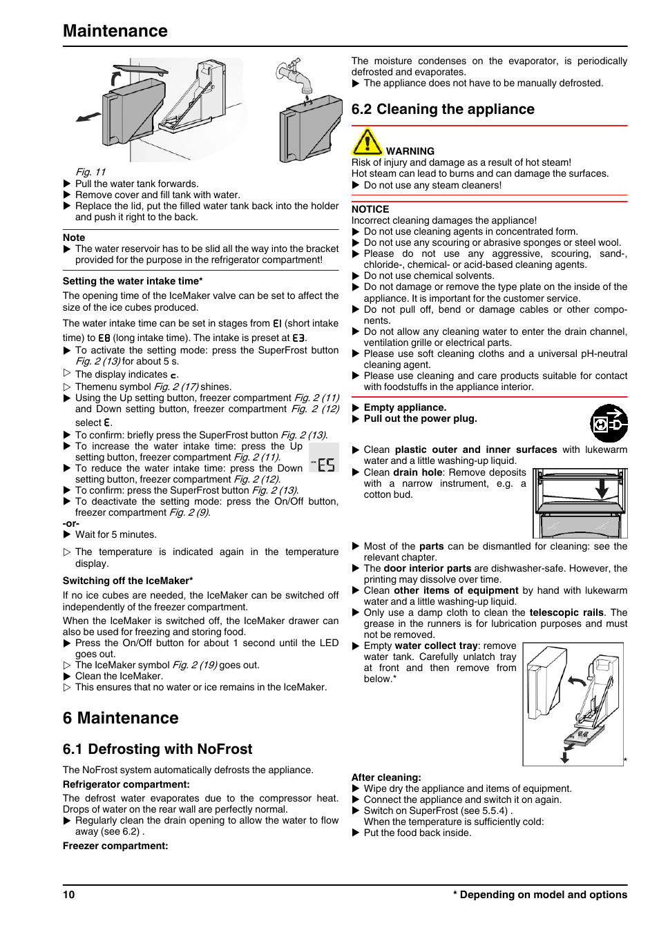 6maintenance, 1defrosting with nofrost, 2cleaning the appliance | 6 maintenance, Maintenance, 1 defrosting with nofrost, 2 cleaning the appliance | Liebherr ICN 3356 Premium NoFrost User Manual | Page 10 / 14
