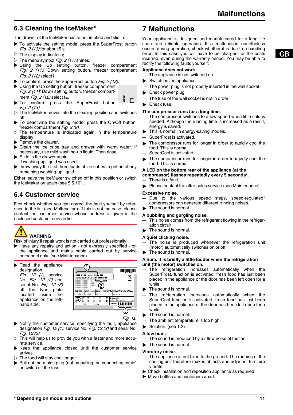 3cleaning the icemaker, 4customer service, 7malfunctions | 7 malfunctions, Malfunctions, 3 cleaning the icemaker, 4 customer service | Liebherr ICN 3356 Premium NoFrost User Manual | Page 11 / 14