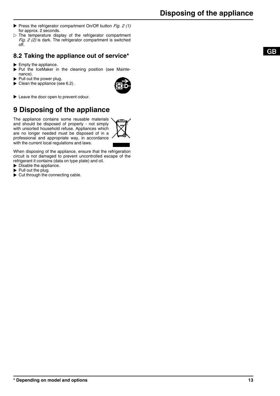 2taking the appliance out of service, 9disposing of the appliance, 9 disposing of the appliance | Disposing of the appliance, 2 taking the appliance out of service | Liebherr ICN 3356 Premium NoFrost User Manual | Page 13 / 14