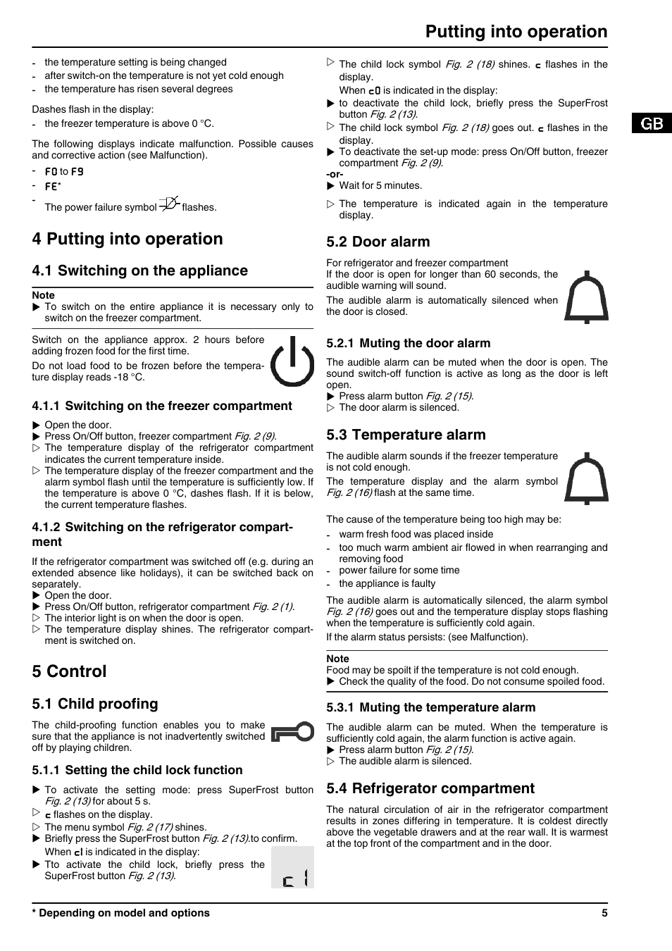 4putting into operation, 1switching on the appliance, 1switching on the freezer compartment | 2switching on the refrigerator compartment, 5control, 1child proofing, 1setting the child lock function, 2door alarm, 1muting the door alarm, 3temperature alarm | Liebherr ICN 3356 Premium NoFrost User Manual | Page 5 / 14