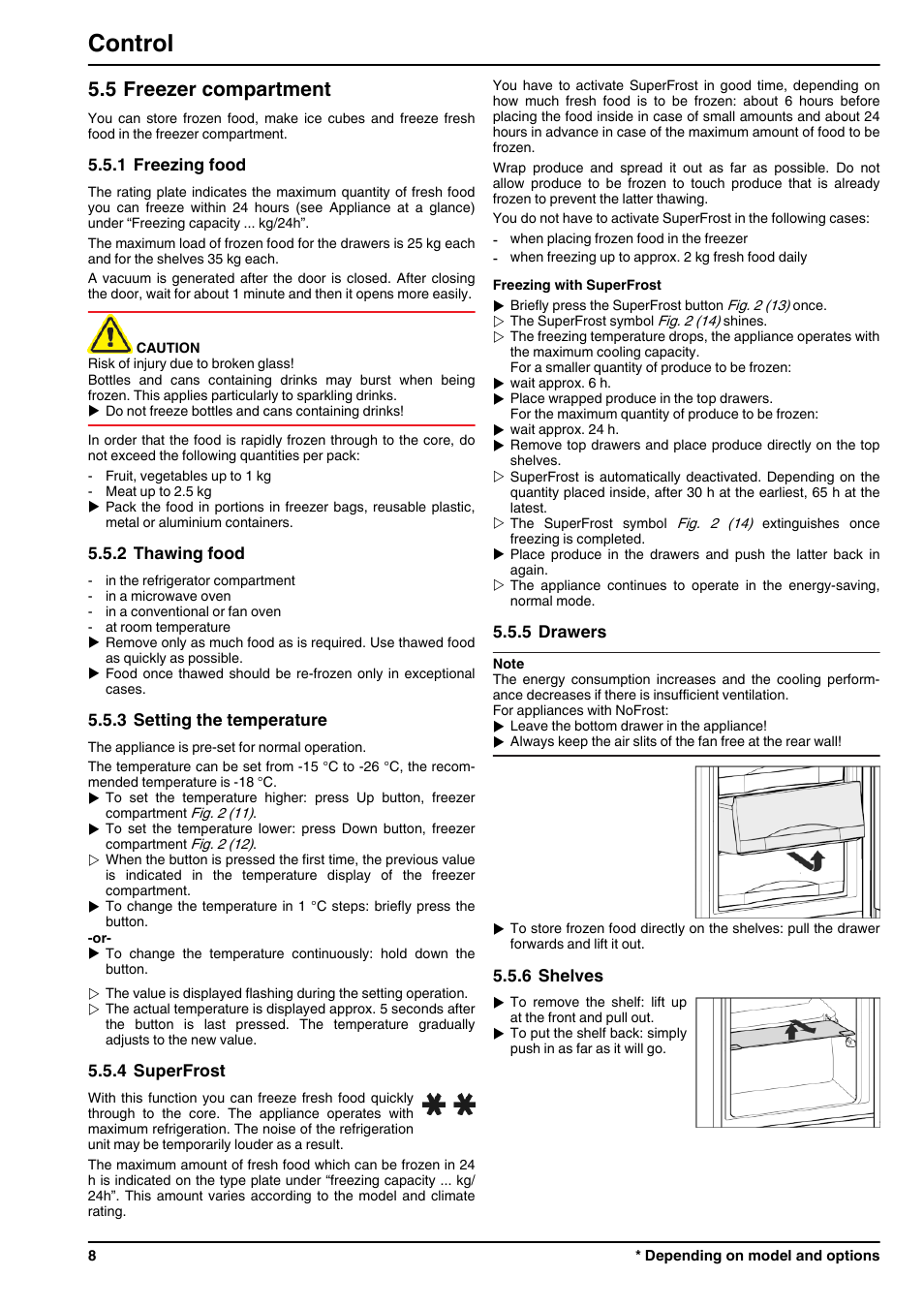 5freezer compartment, 1freezing food, 2thawing food | 3setting the temperature, 4superfrost, 5drawers, 6shelves, Control, 5 freezer compartment | Liebherr ICN 3356 Premium NoFrost User Manual | Page 8 / 14