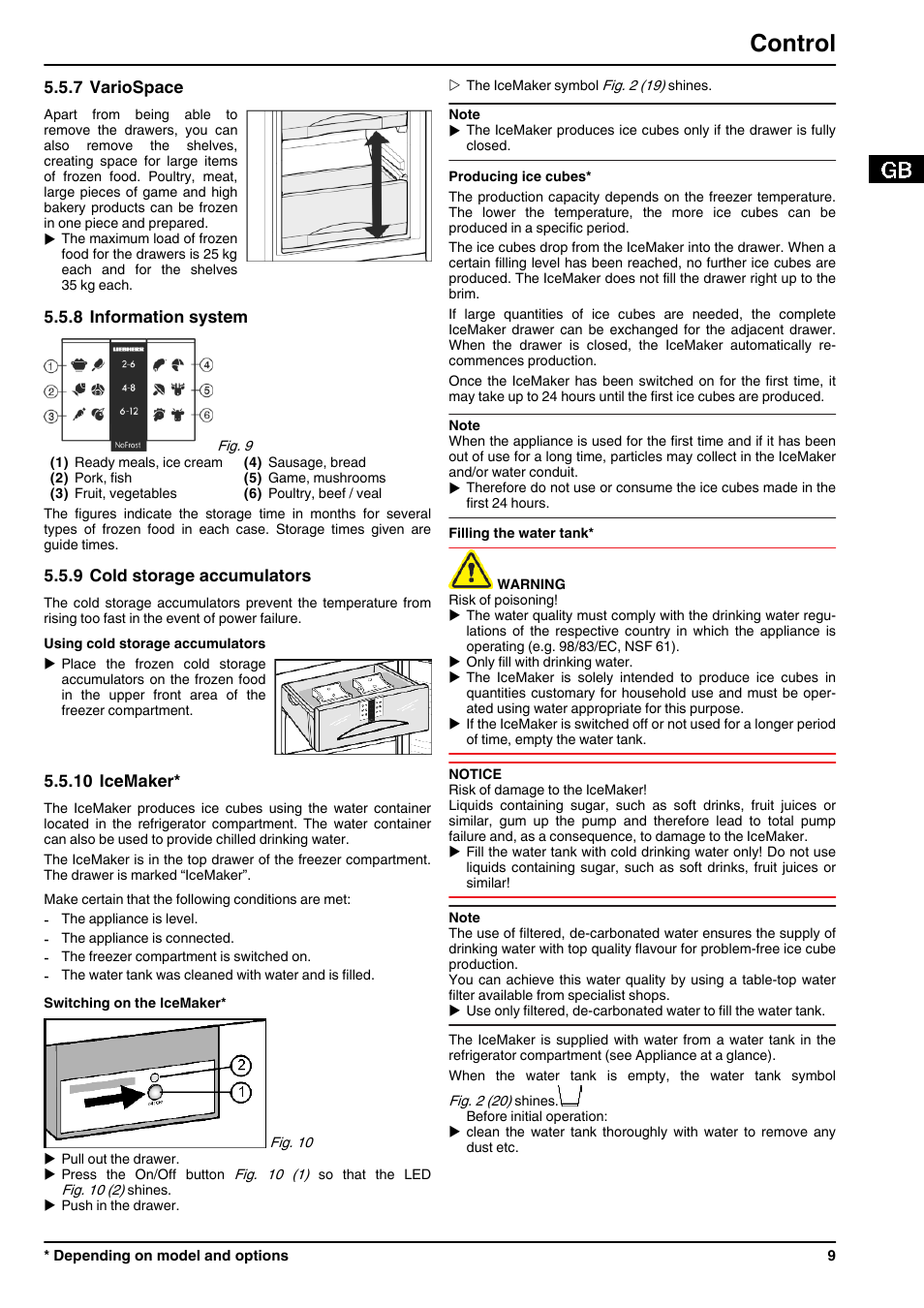 7variospace, 8information system, 9cold storage accumulators | 10icemaker, Control | Liebherr ICN 3356 Premium NoFrost User Manual | Page 9 / 14