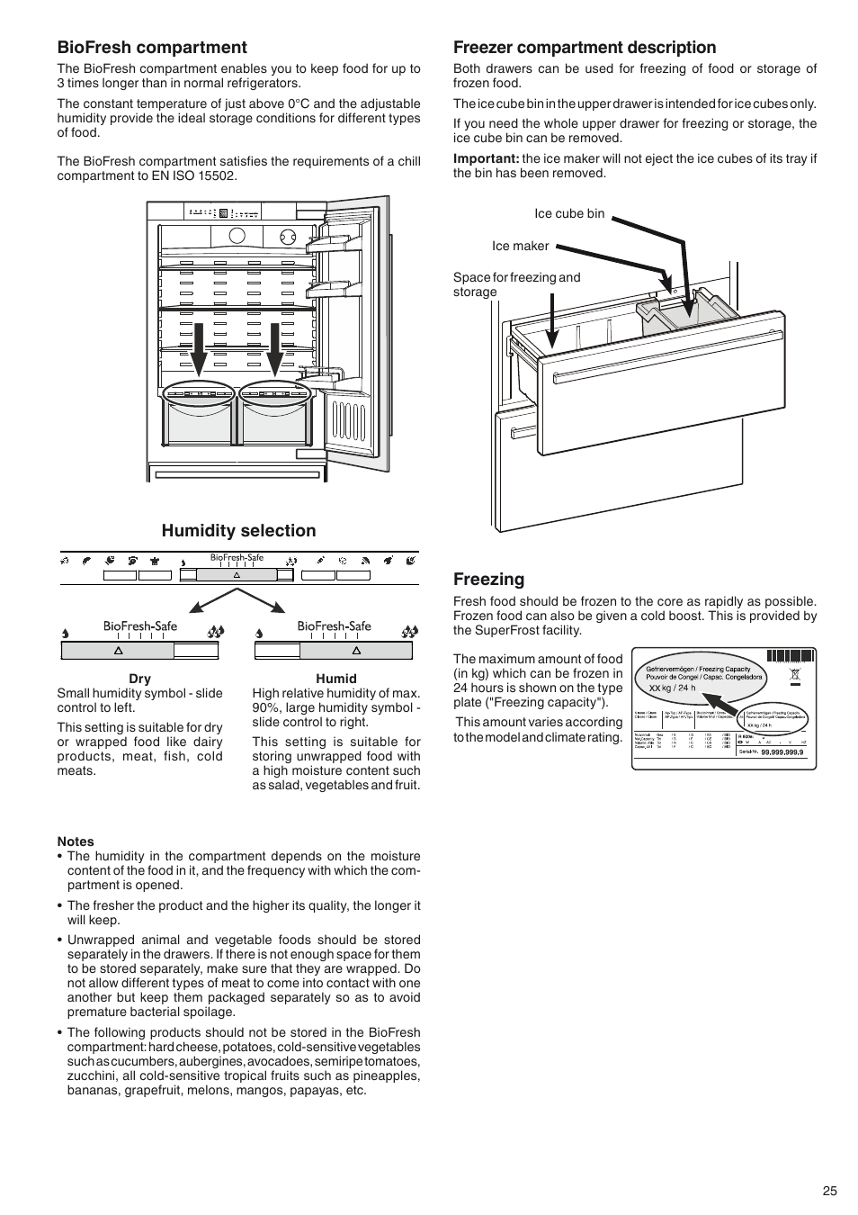 Freezing, Freezer compartment description, Biofresh compartment | Humidity selection | Liebherr ECBN 5066 PremiumPlus BioFresh NoFrost User Manual | Page 11 / 15