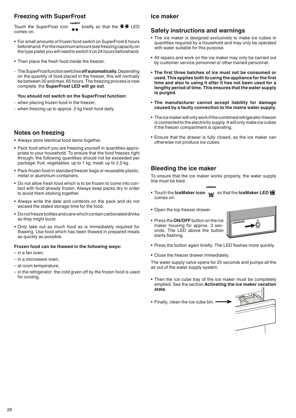 Ice maker safety instructions and warnings, Bleeding the ice maker, Freezing with superfrost | Liebherr ECBN 5066 PremiumPlus BioFresh NoFrost User Manual | Page 12 / 15