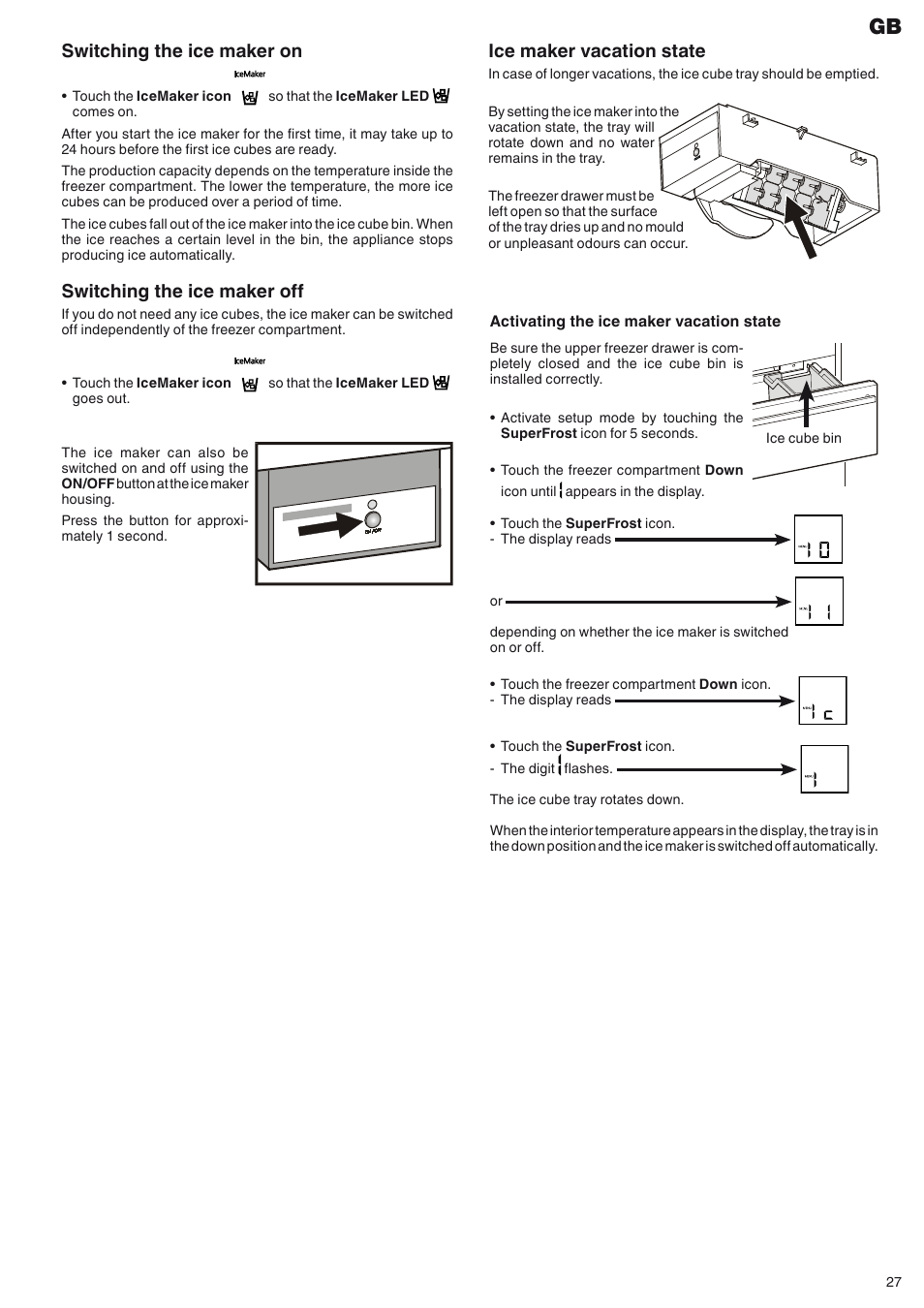 Switching the ice maker on, Switching the ice maker off, Ice maker vacation state | Liebherr ECBN 5066 PremiumPlus BioFresh NoFrost User Manual | Page 13 / 15