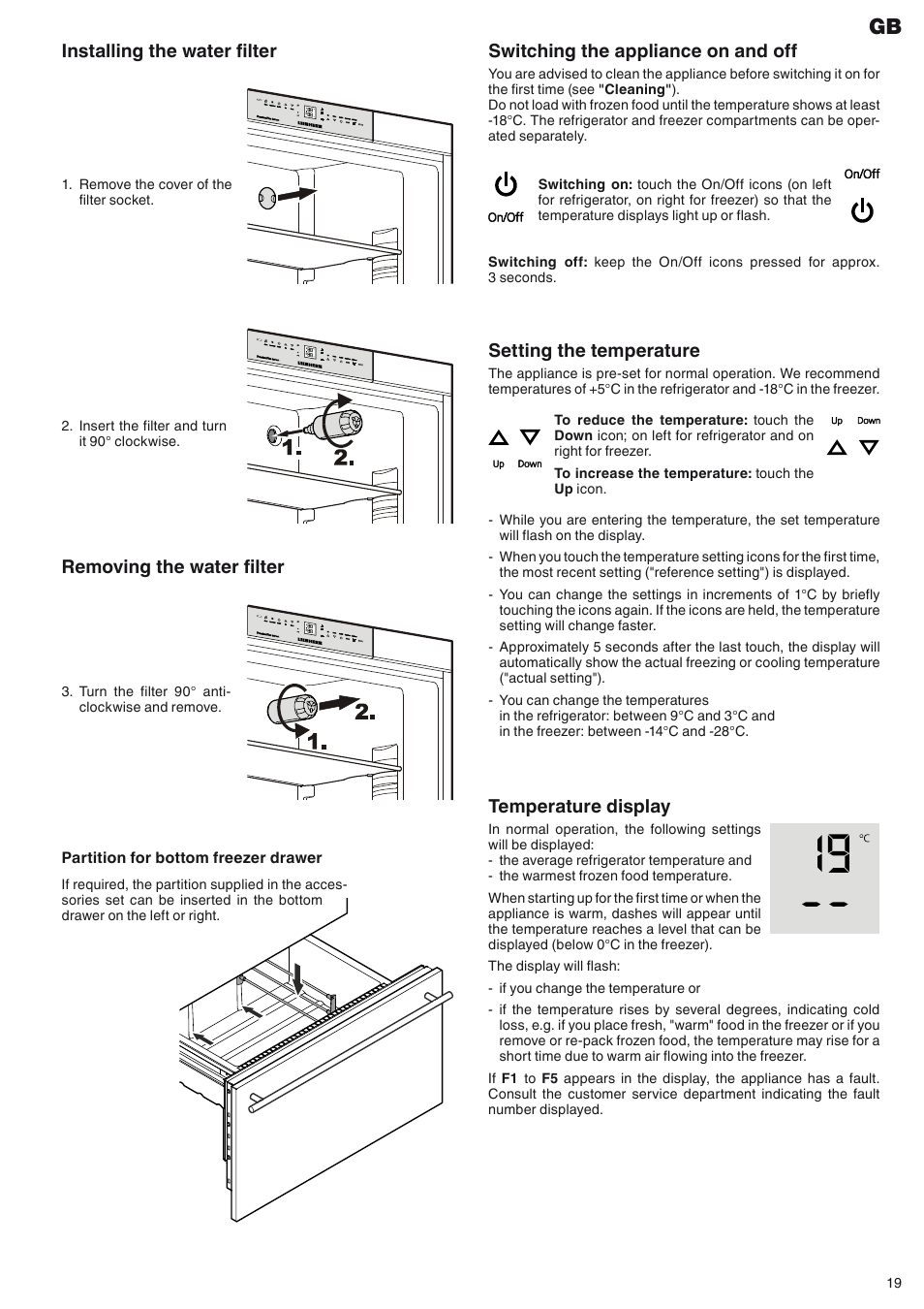 Switching the appliance on and off, Temperature display, Setting the temperature | Installing the water filter, Removing the water filter | Liebherr ECBN 5066 PremiumPlus BioFresh NoFrost User Manual | Page 5 / 15