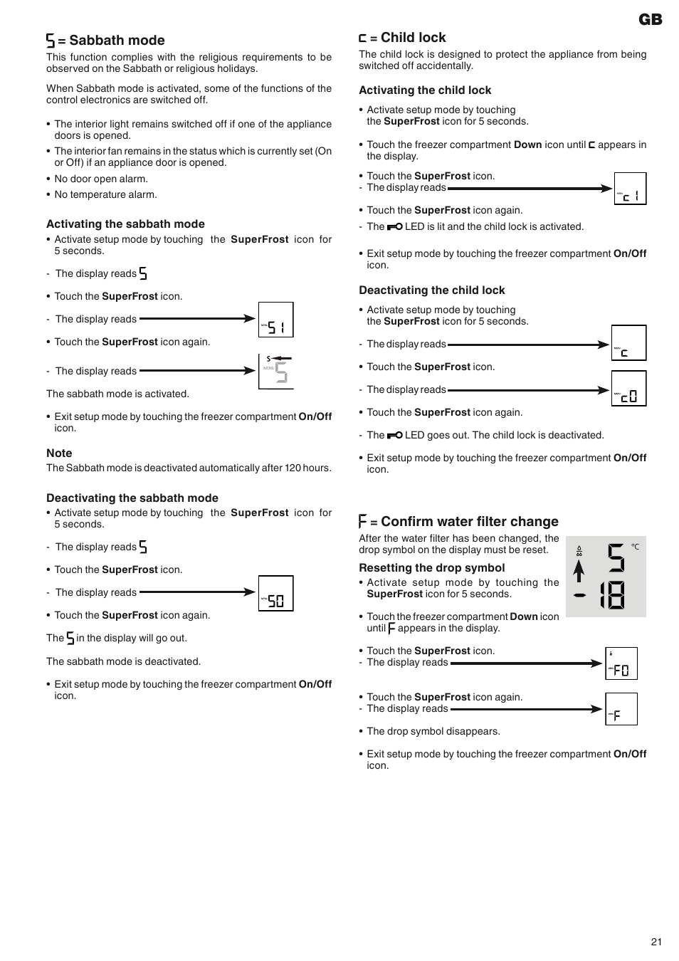 Confirm water filter change, Child lock, Sabbath mode | Liebherr ECBN 5066 PremiumPlus BioFresh NoFrost User Manual | Page 7 / 15