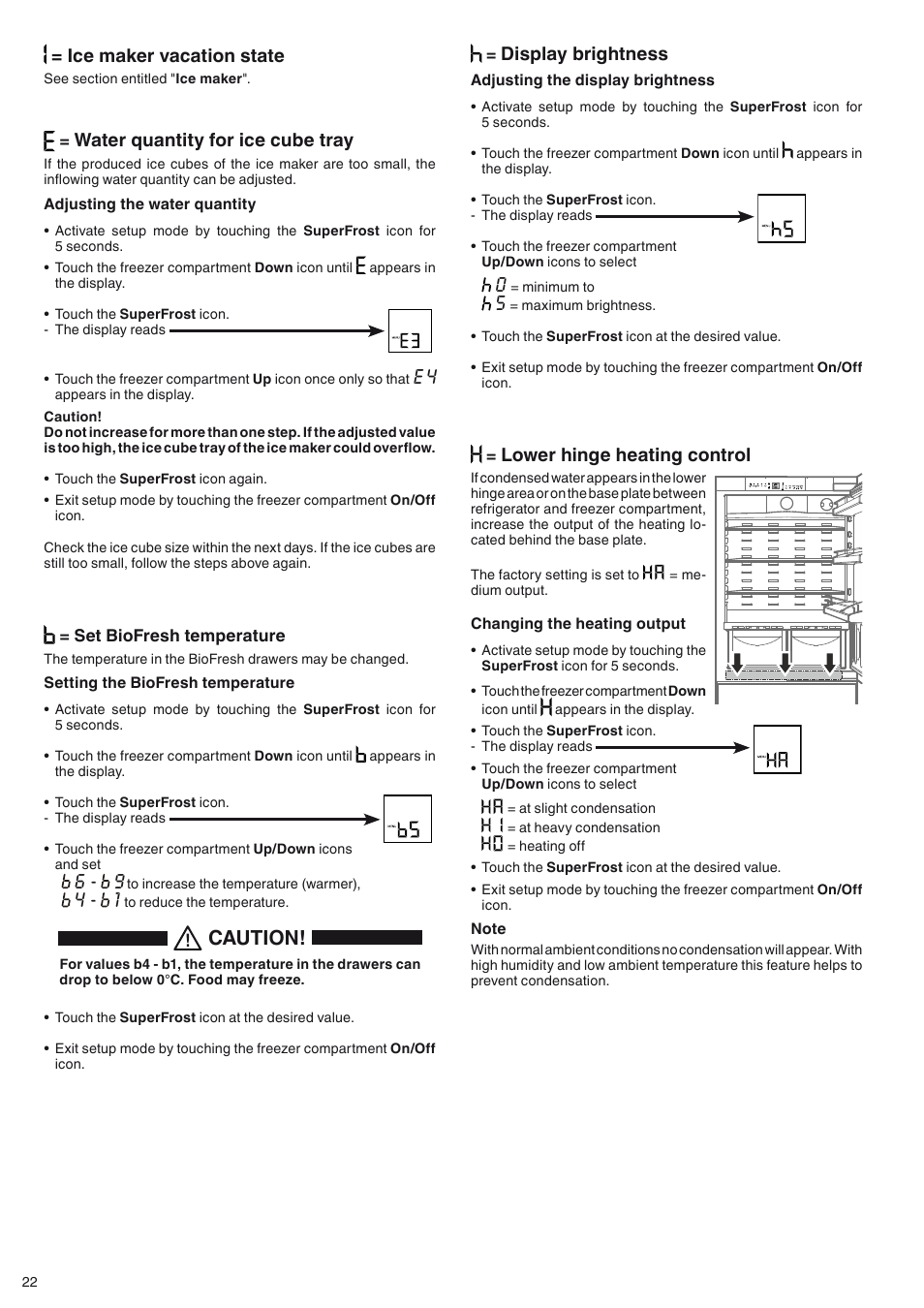 Caution, Lower hinge heating control, Display brightness | Ice maker vacation state, Water quantity for ice cube tray | Liebherr ECBN 5066 PremiumPlus BioFresh NoFrost User Manual | Page 8 / 15