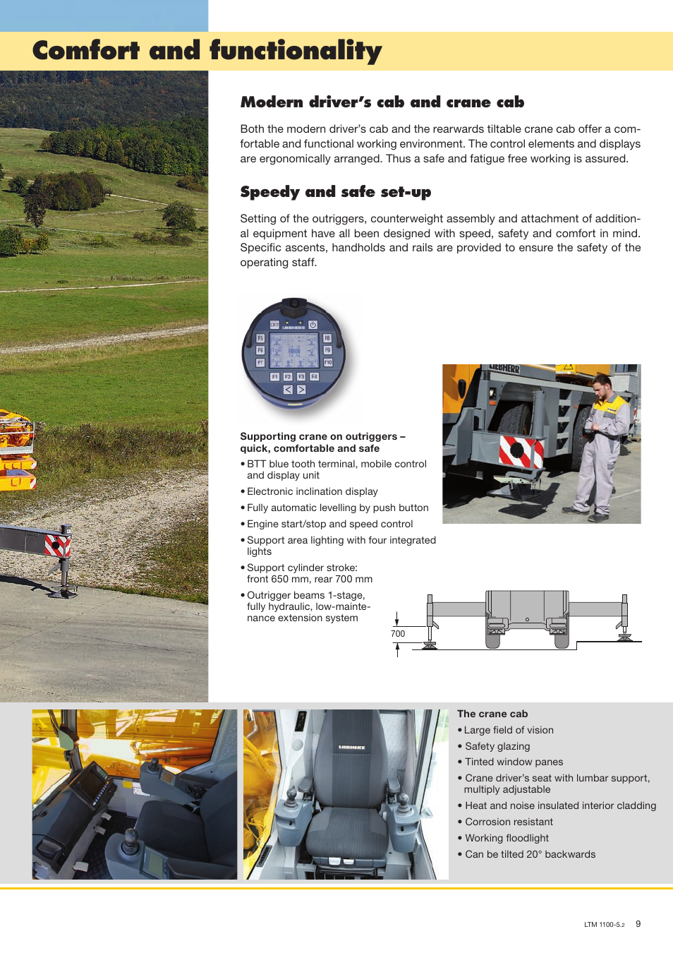Comfort and functionality, Modern driver’s cab and crane cab, Speedy and safe set-up | Liebherr LTM 1100-5.2 User Manual | Page 9 / 18