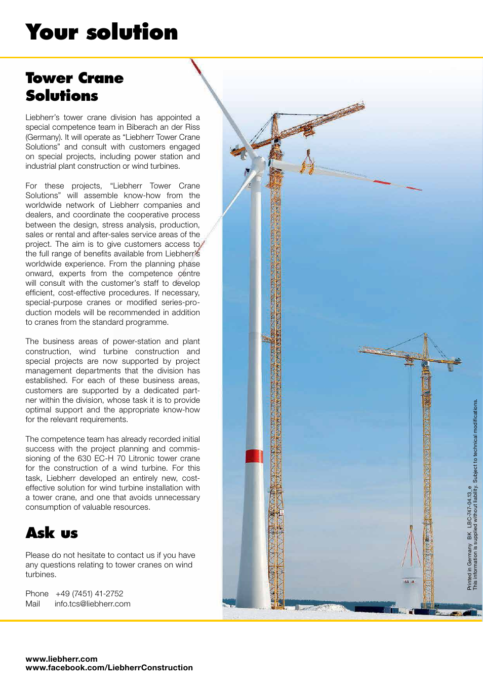 Your solution, Wind turbines, Ask us | Tower crane solutions, Tower cranes for use on wind turbines, High up | Liebherr 1000 EC-B 125 Litronic User Manual | Page 7 / 7