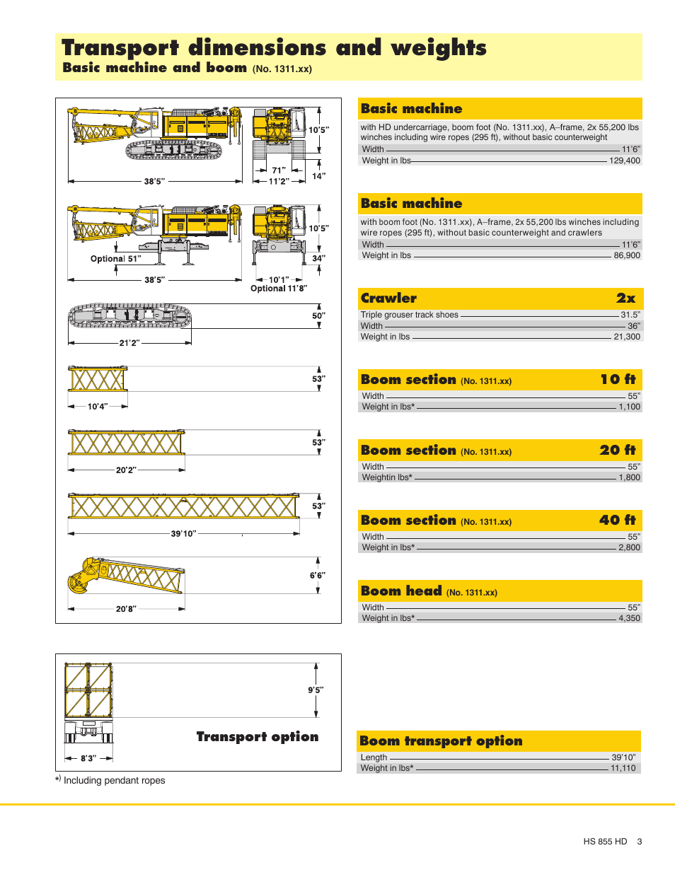 Transport dimensions and weights, Basic machine, Crawler 2x | 10 ft, 20 ft, 40 ft, Boom head, Basic machine and boom, Boom transport option, Transport option | Liebherr HS 855 HD Litronic User Manual | Page 3 / 16