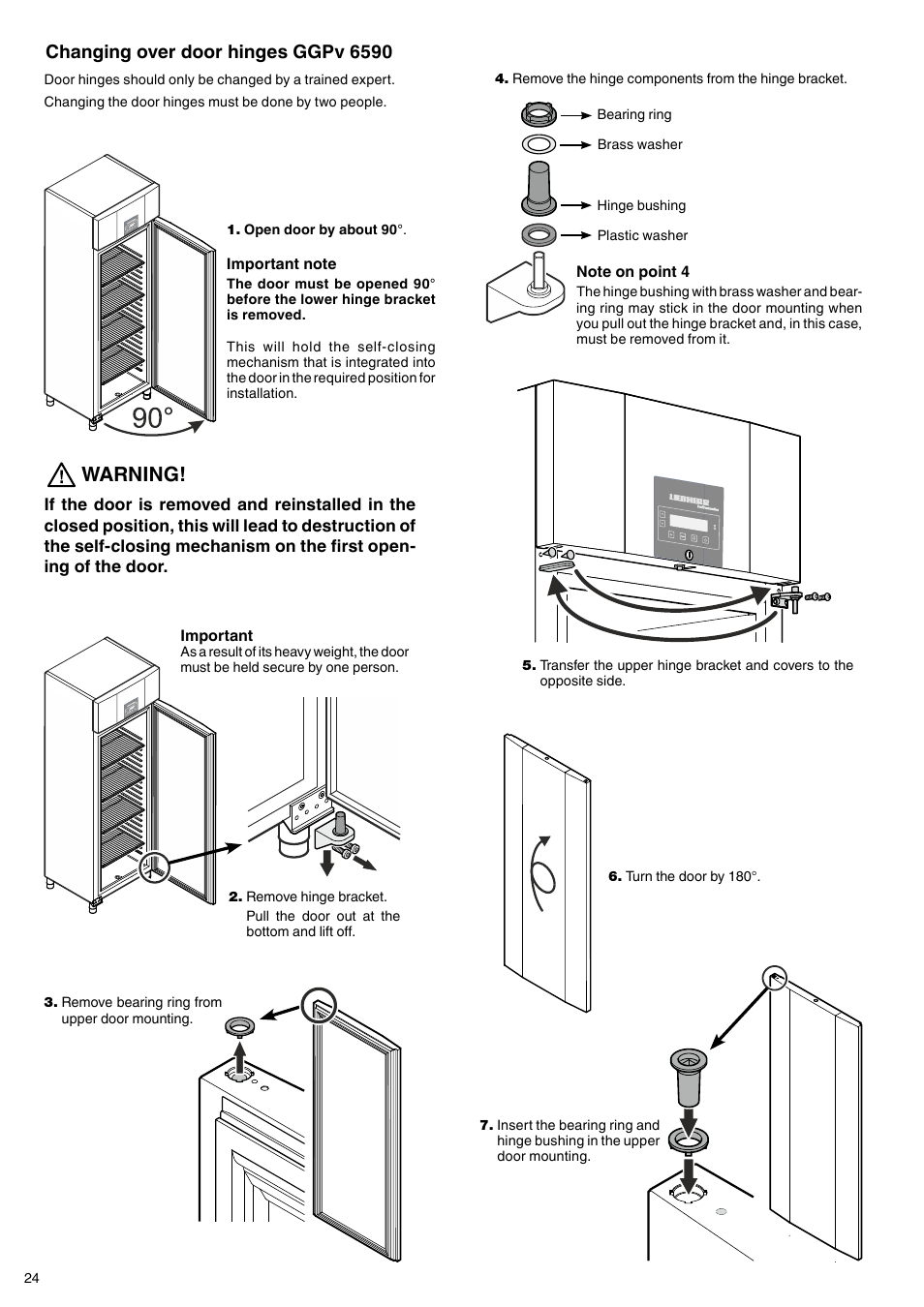 Warning, Changing over door hinges ggpv 6590 | Liebherr GGPv 6590 ProfiPremiumline User Manual | Page 12 / 13