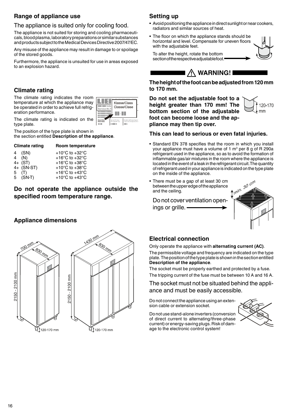 Warning, Electrical connection, Appliance dimensions setting up | Liebherr GGPv 6590 ProfiPremiumline User Manual | Page 4 / 13