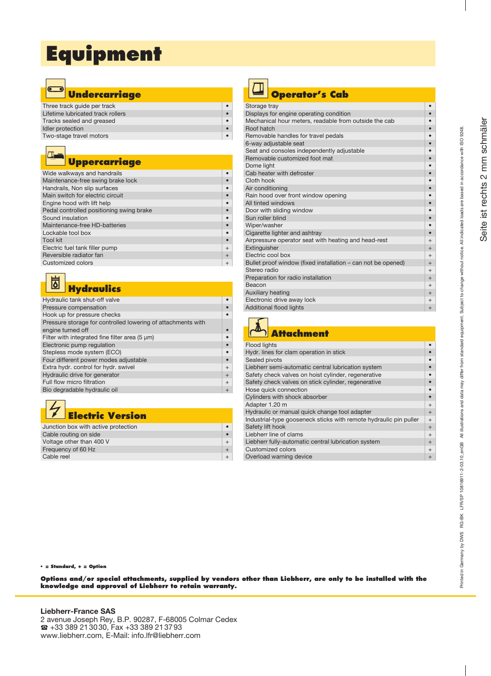 Equipment, Seite ist r echts 2 mm schmäler, Undercarriage | Operator’s cab, Uppercarriage, Hydraulics, Attachment, Electric version | Liebherr R 944 C Litronic High Rise User Manual | Page 26 / 26