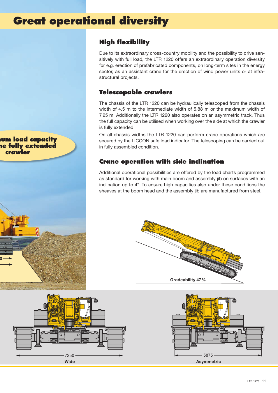Great operational diversity, High flexibility, Telescopable crawlers | Crane operation with side inclination | Liebherr LTR 1220 User Manual | Page 11 / 18