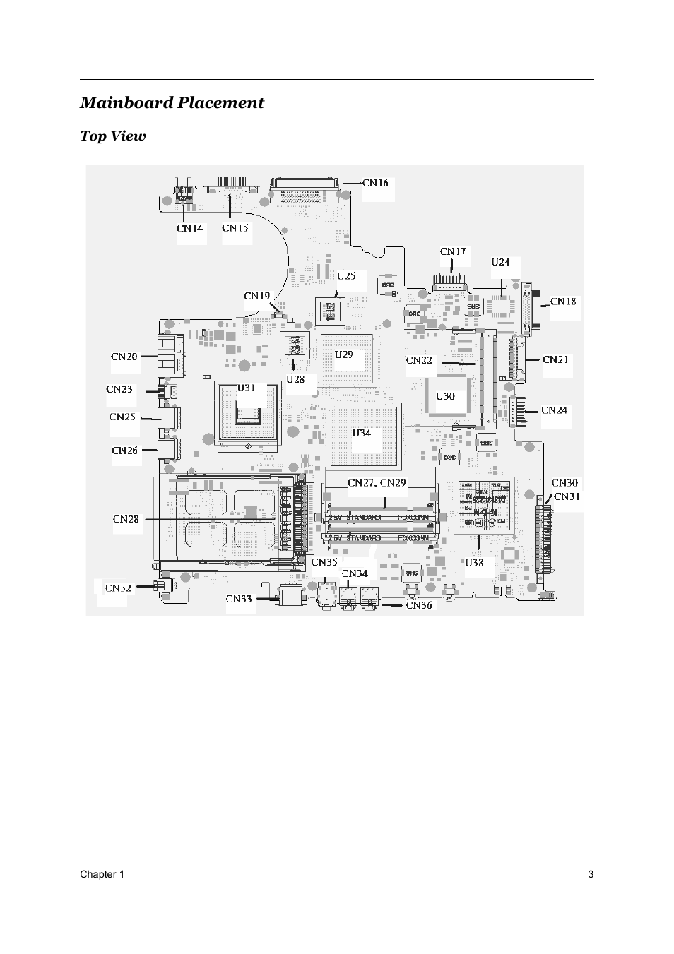 Mainboard placement, Top view | Acer 3510 User Manual | Page 10 / 125