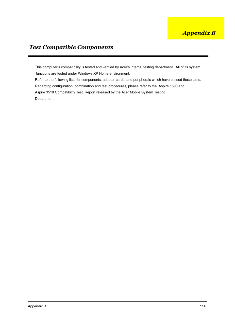 S.g_as1690_as3510_appb, Test compatible components, Test compatible components appendix b | Acer 3510 User Manual | Page 121 / 125