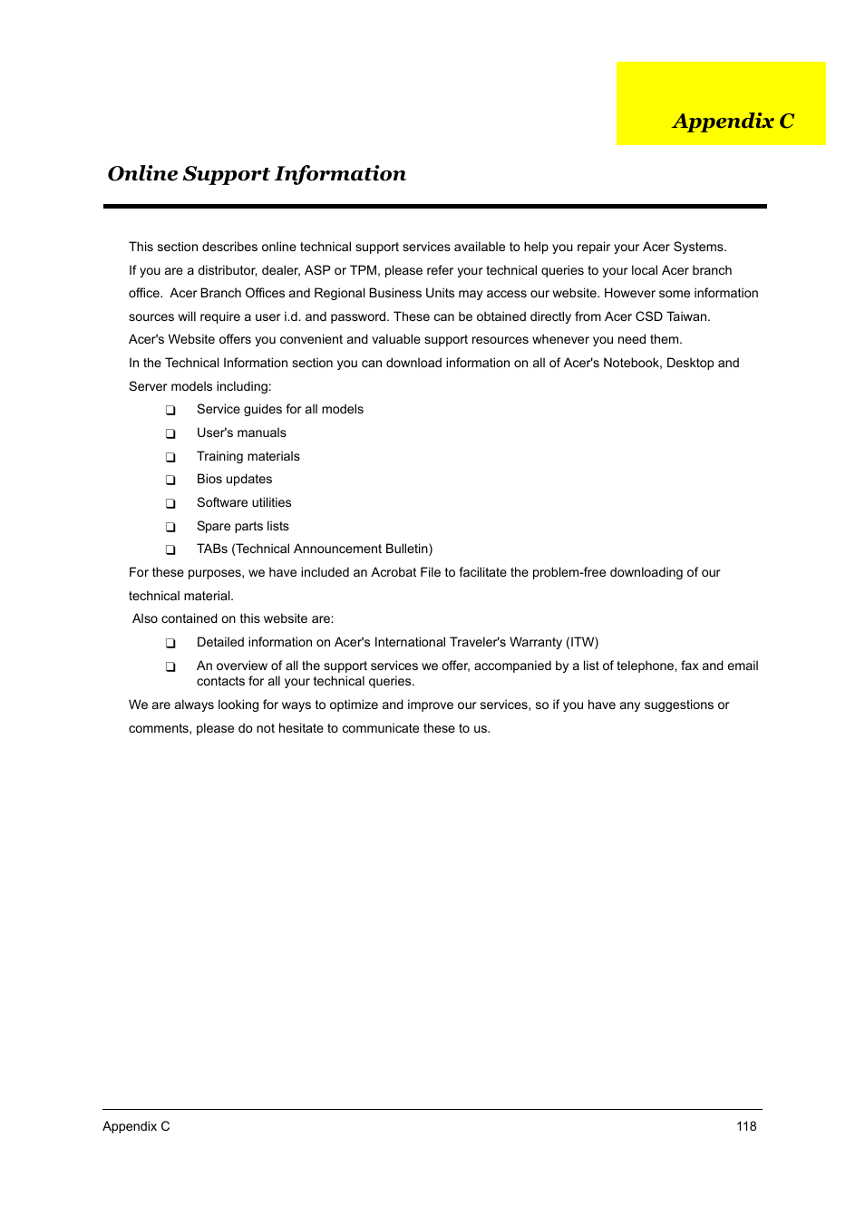 S.g_as1690_as3510_appc, Online support information, Online support information appendix c | Acer 3510 User Manual | Page 125 / 125