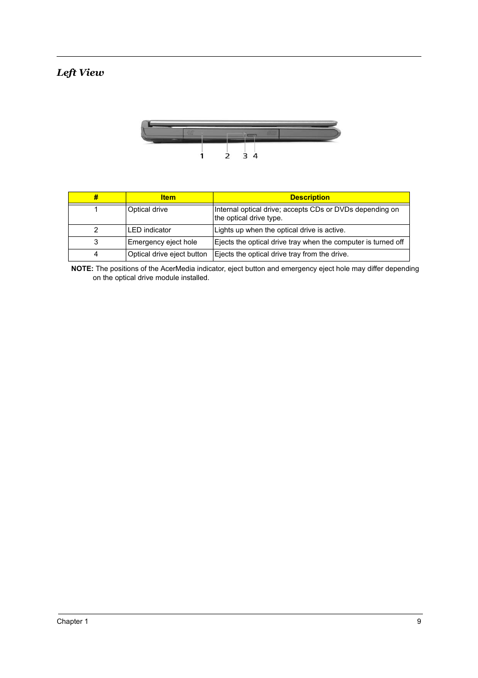 Left view | Acer 3510 User Manual | Page 16 / 125