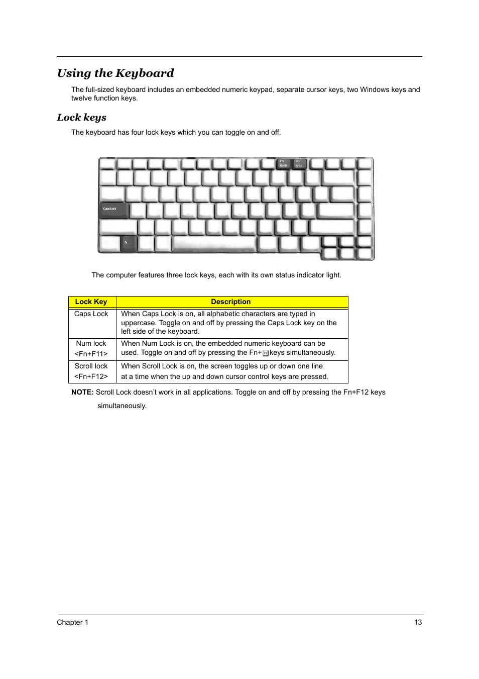 Using the keyboard, Lock keys | Acer 3510 User Manual | Page 20 / 125