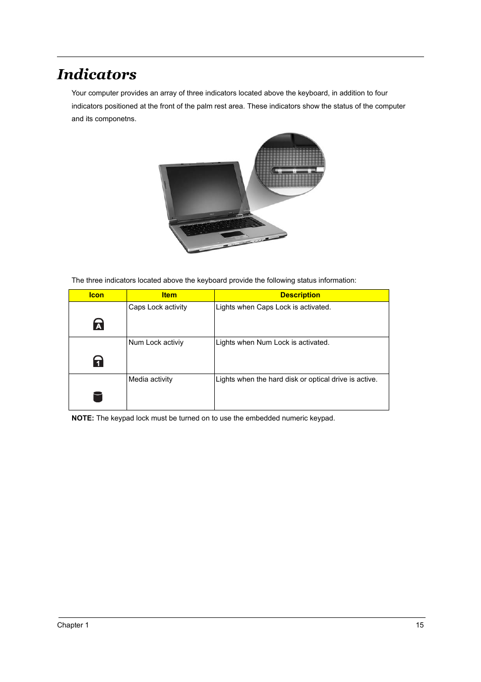 Indicators | Acer 3510 User Manual | Page 22 / 125