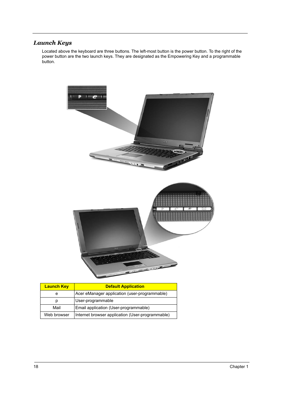 Launch keys, Launch key default application | Acer 3510 User Manual | Page 25 / 125