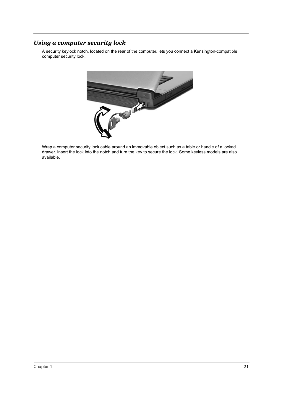 Using a computer security lock | Acer 3510 User Manual | Page 28 / 125