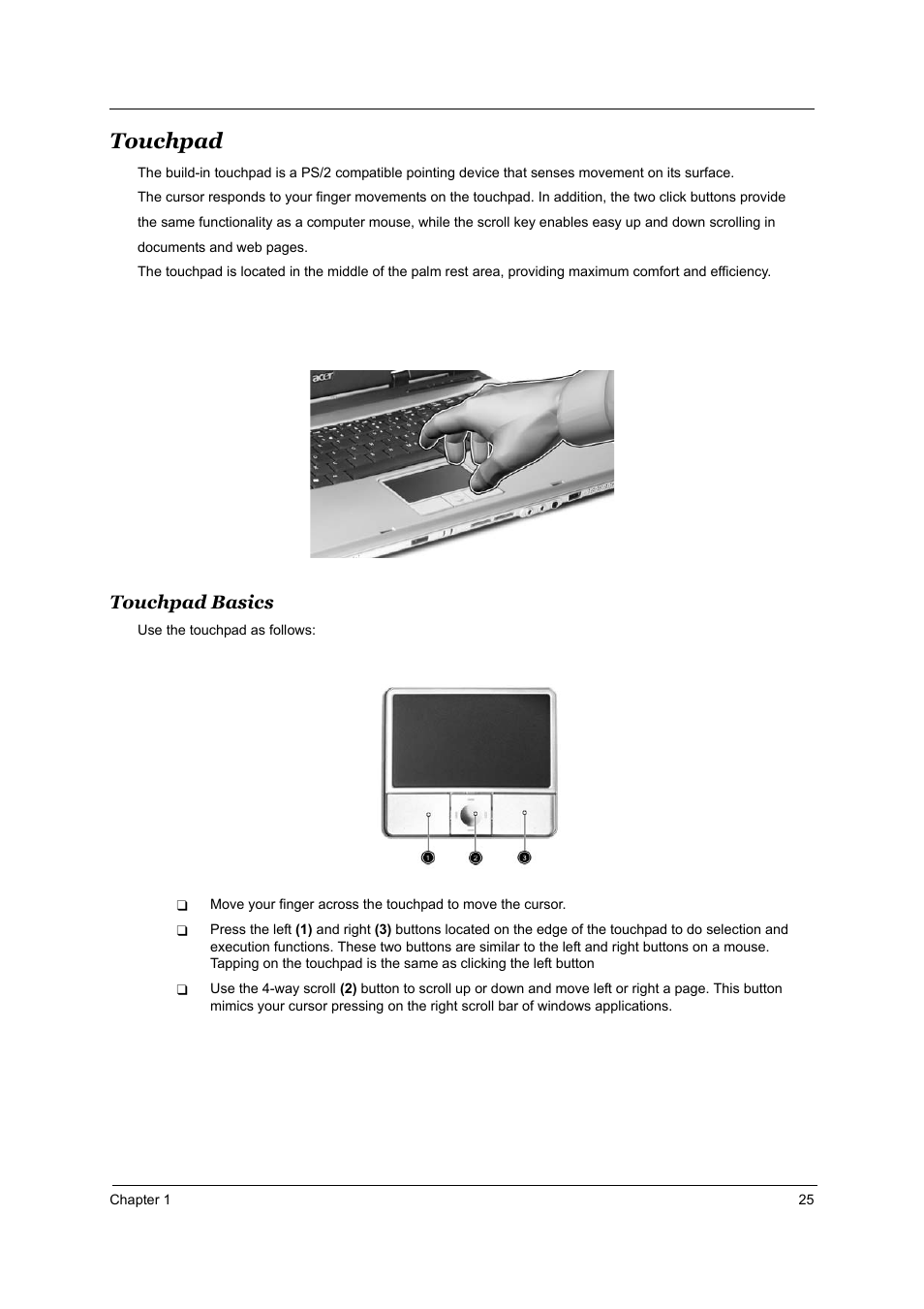 Touchpad, Touchpad basics | Acer 3510 User Manual | Page 32 / 125