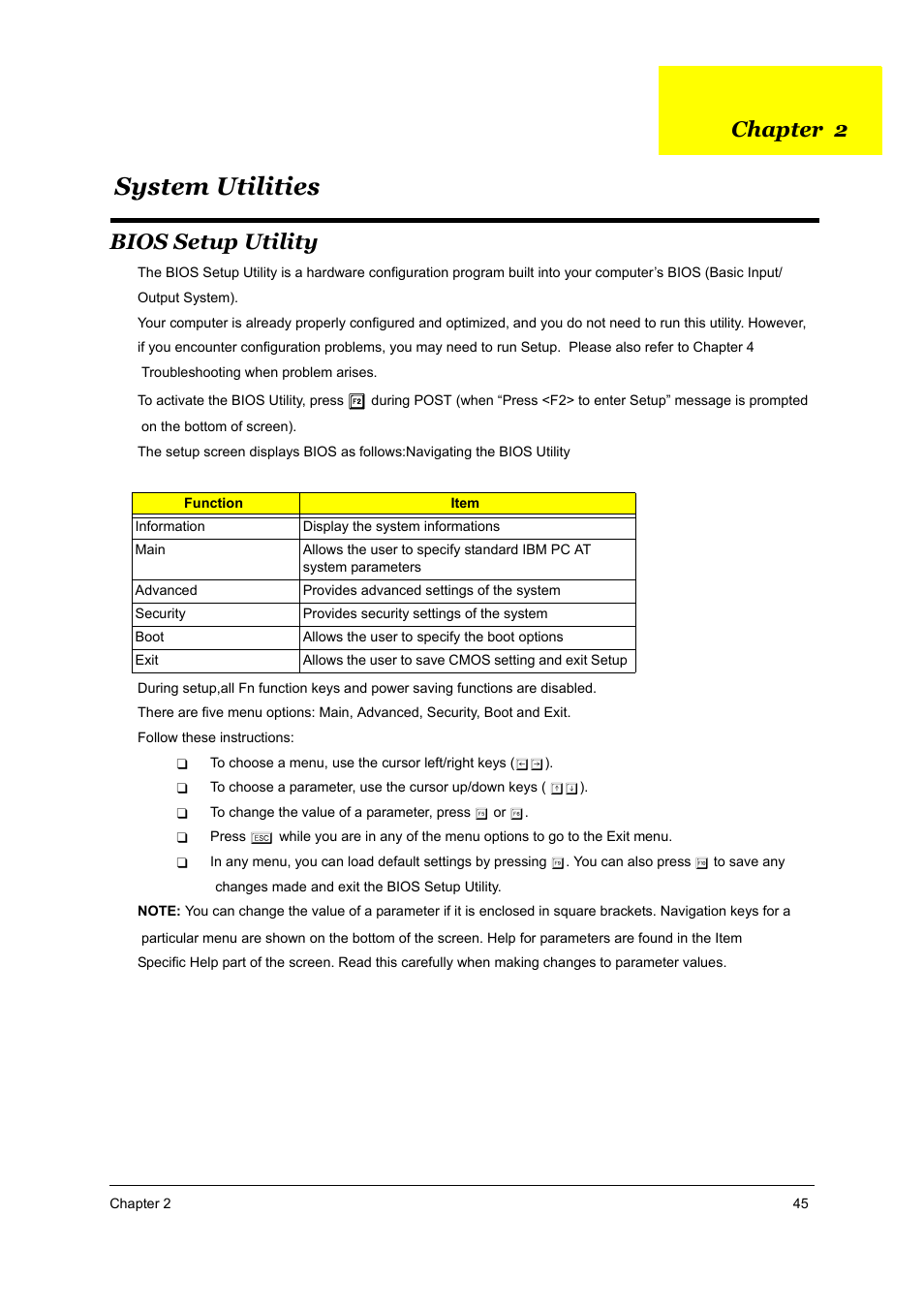 S.g_as1690_as3510_ch2, System utilities, Bios setup utility | Chapter 2 | Acer 3510 User Manual | Page 52 / 125