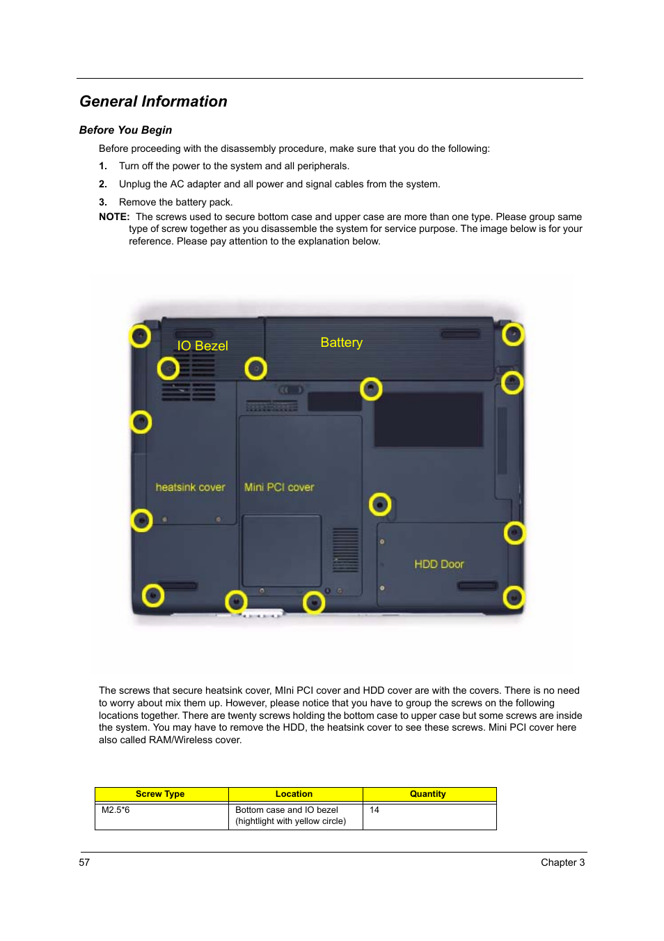 General information, Before you begin, Io bezel battery | Acer 3510 User Manual | Page 64 / 125