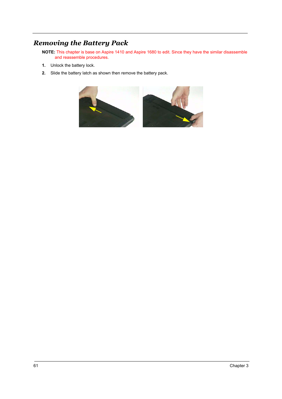 Removing the battery pack | Acer 3510 User Manual | Page 68 / 125