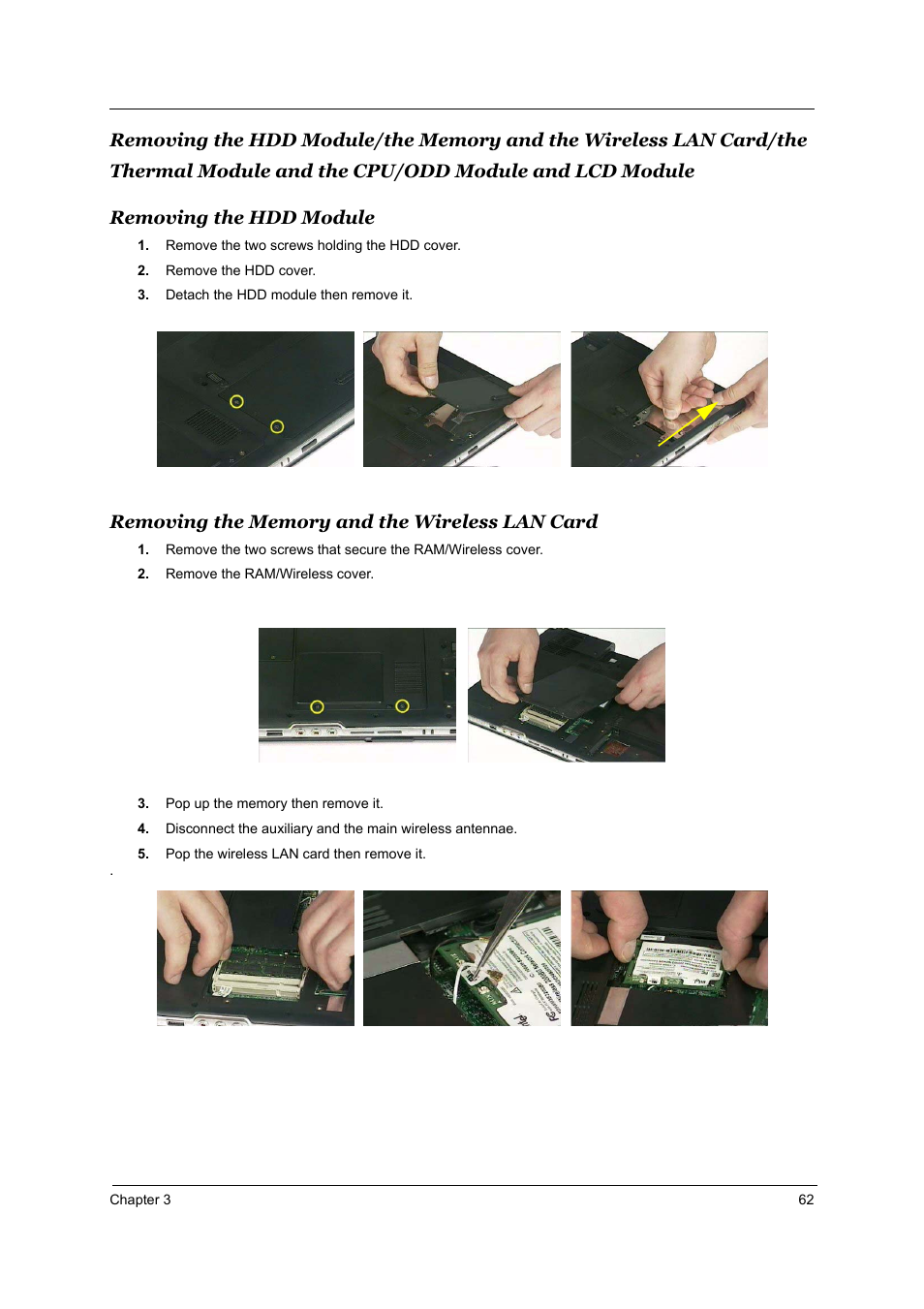 Removing the hdd module, Removing the memory and the wireless lan card | Acer 3510 User Manual | Page 69 / 125