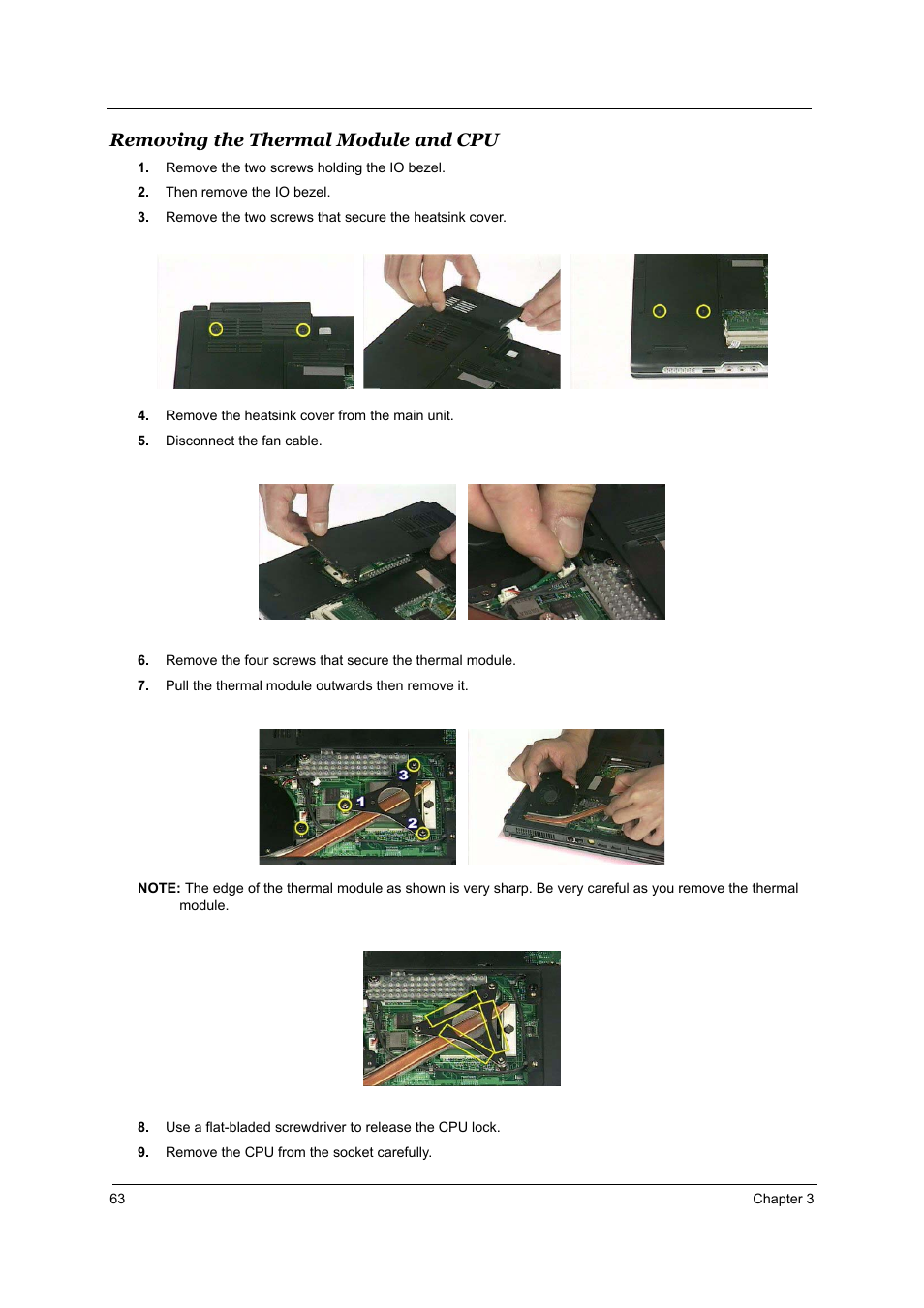 Removing the thermal module and cpu | Acer 3510 User Manual | Page 70 / 125