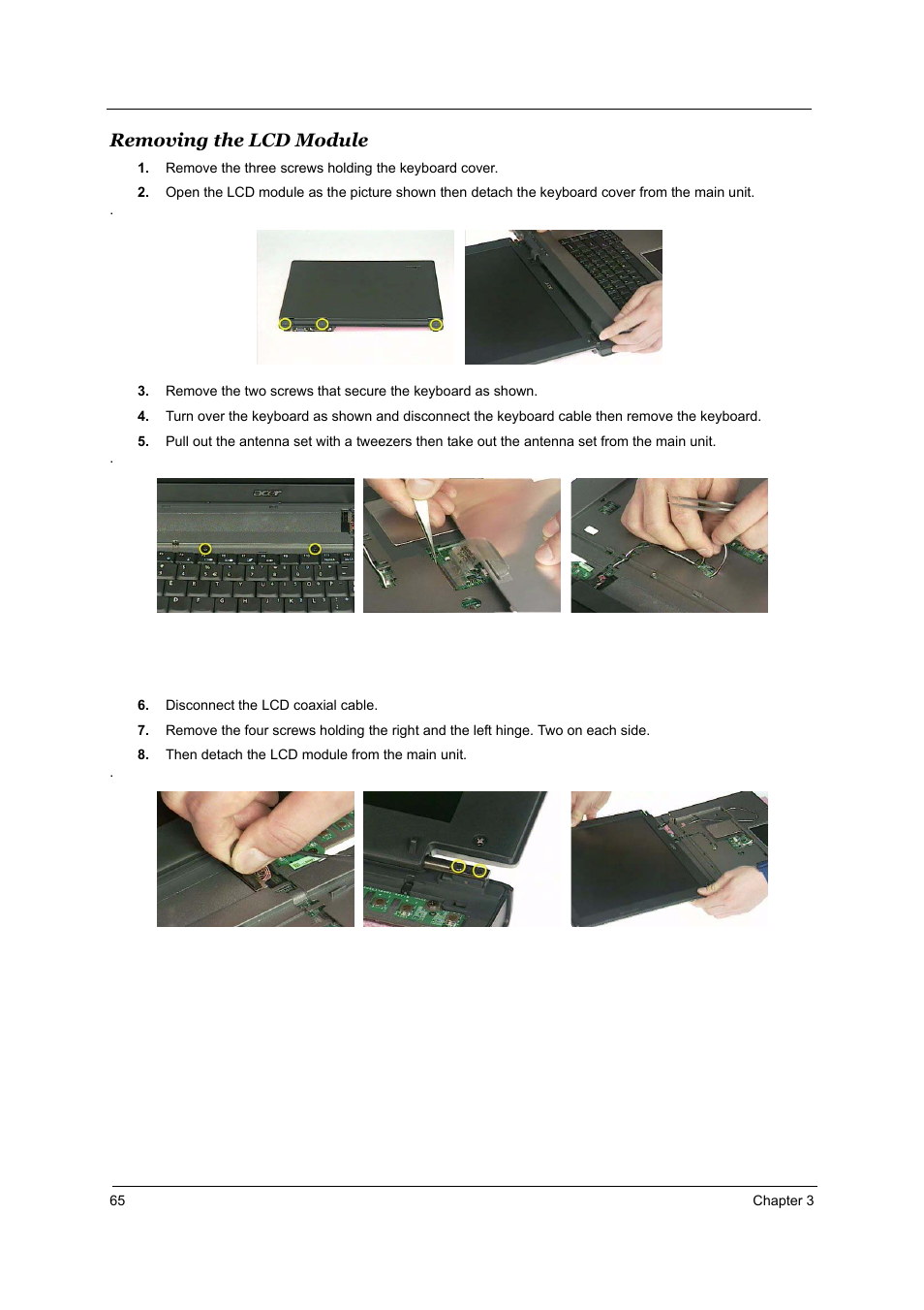 Removing the lcd module | Acer 3510 User Manual | Page 72 / 125