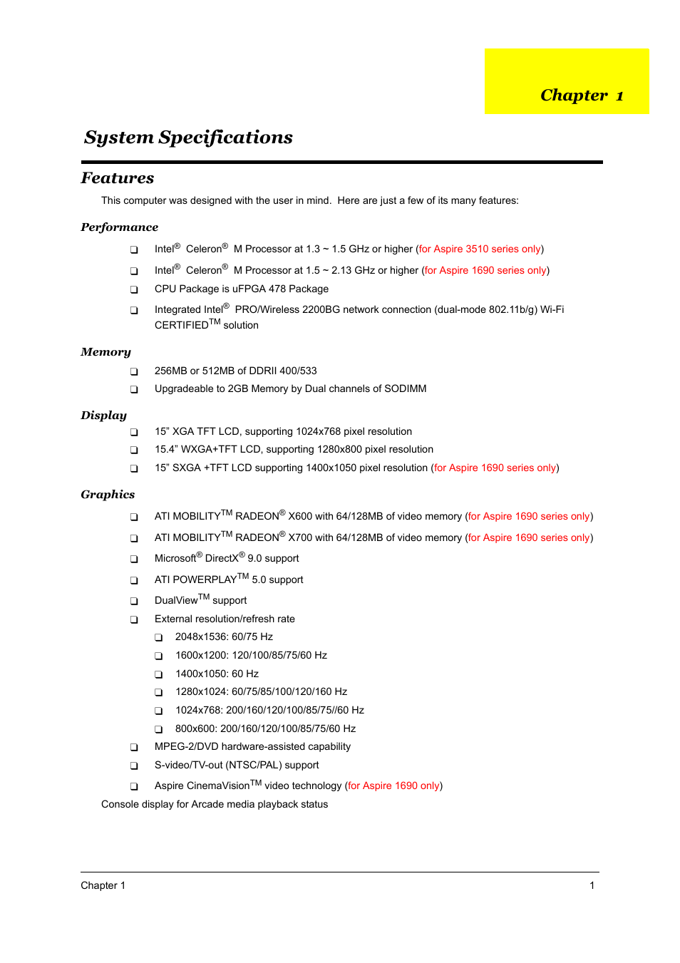 S.g_as1690.as3510_ch1, System specifications, Features | Chapter 1 | Acer 3510 User Manual | Page 8 / 125