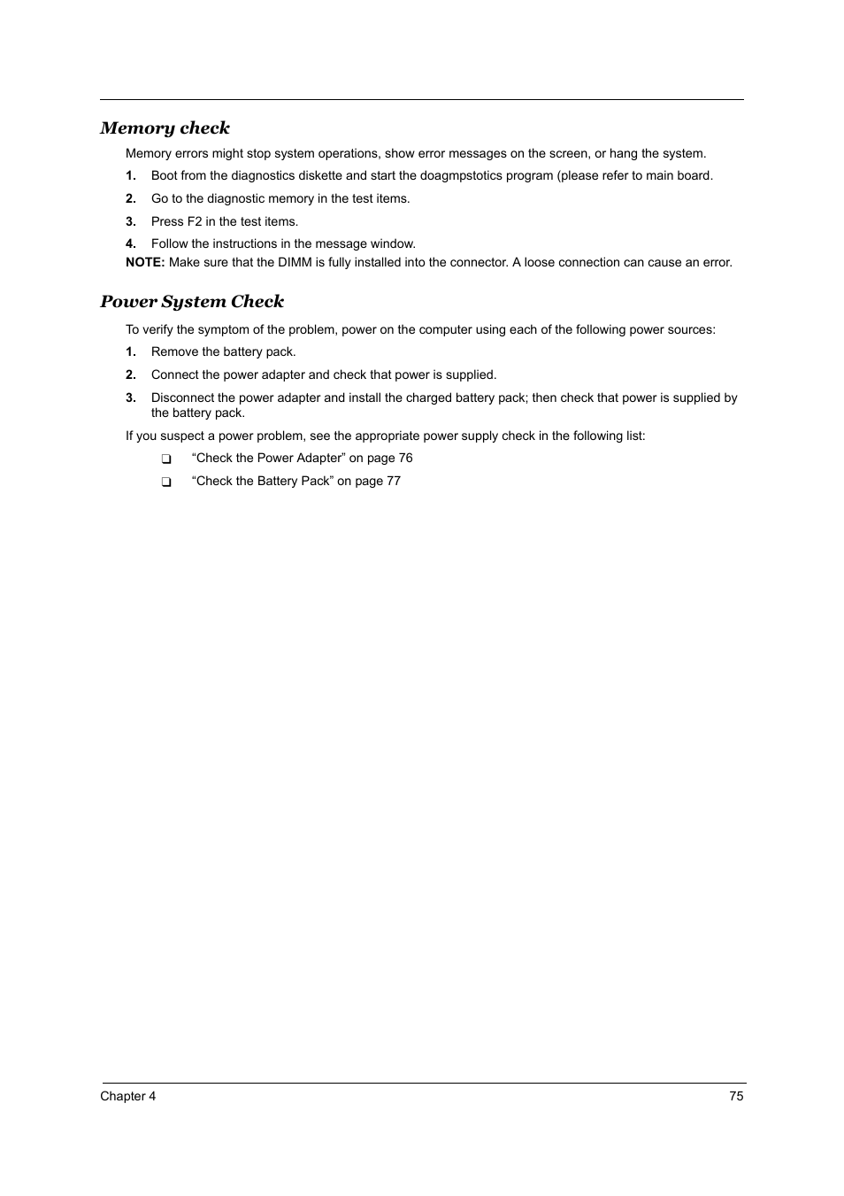 Memory check, Power system check | Acer 3510 User Manual | Page 82 / 125