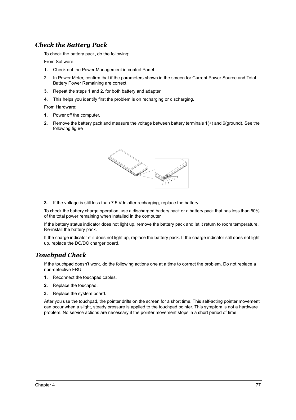 Touchpad check, Check the battery pack | Acer 3510 User Manual | Page 84 / 125