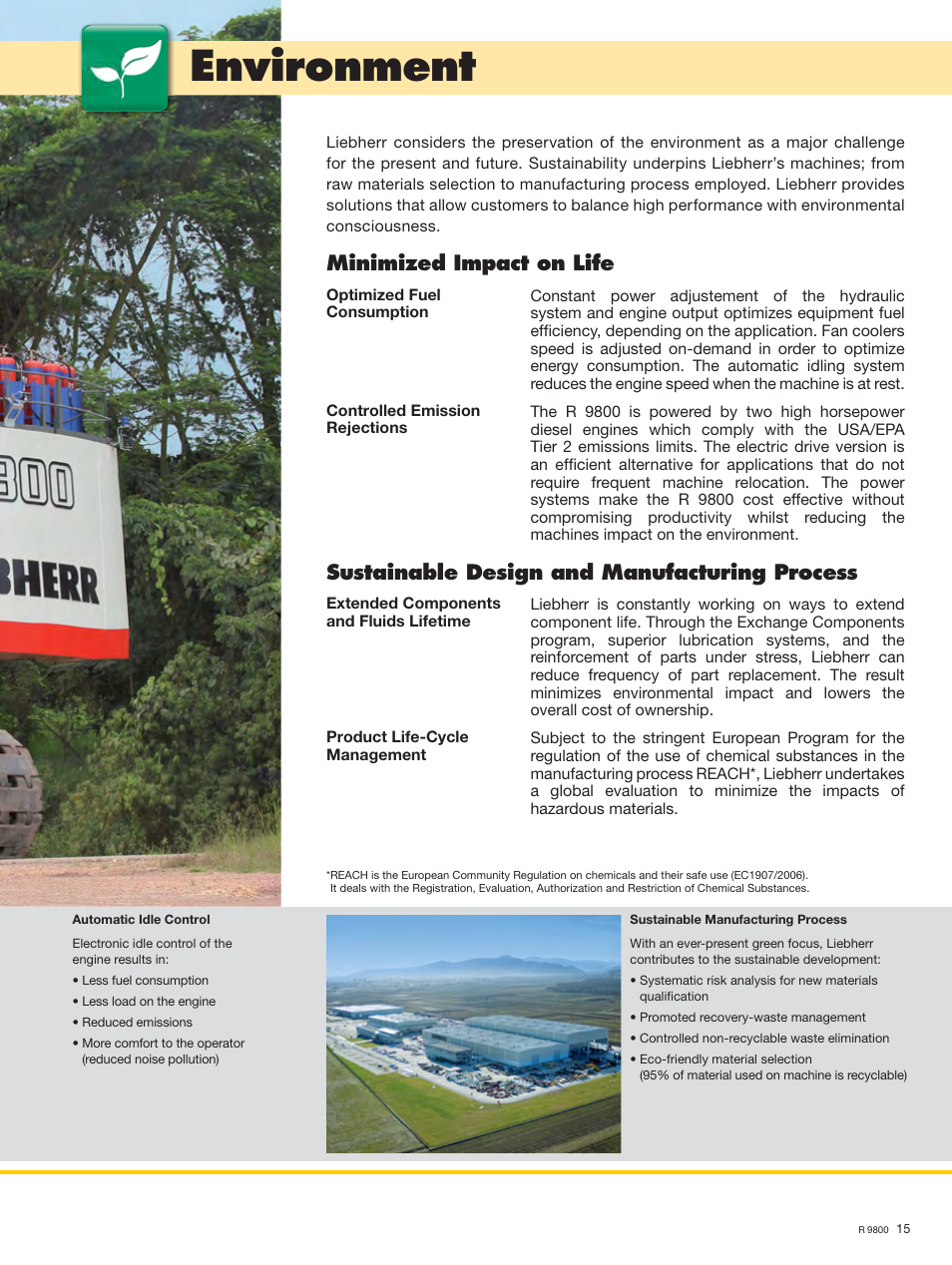 Environment, Minimized impact on life, Sustainable design and manufacturing process | Liebherr R 9800 User Manual | Page 15 / 22