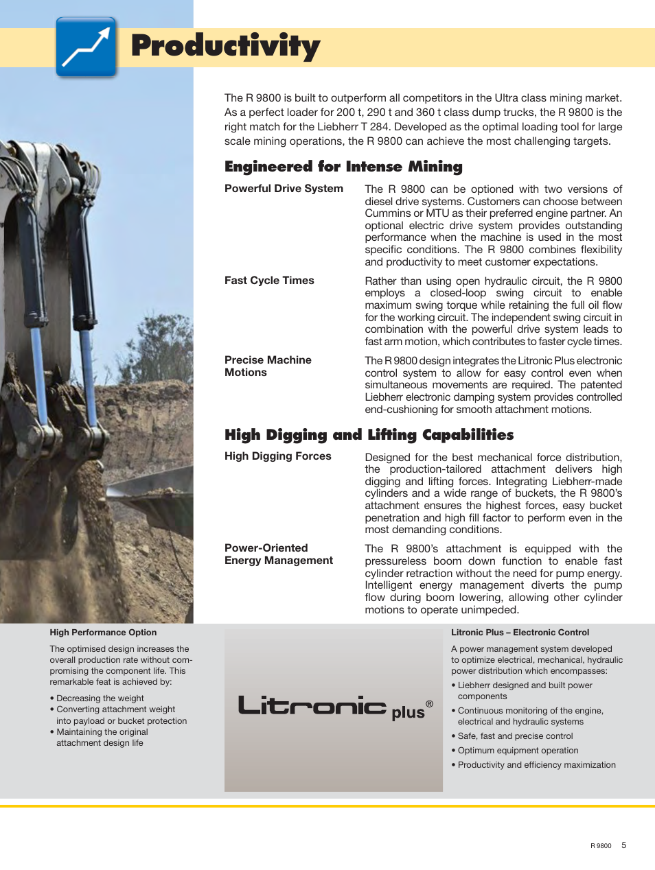 Productivity, Engineered for intense mining, High digging and lifting capabilities | Liebherr R 9800 User Manual | Page 5 / 22
