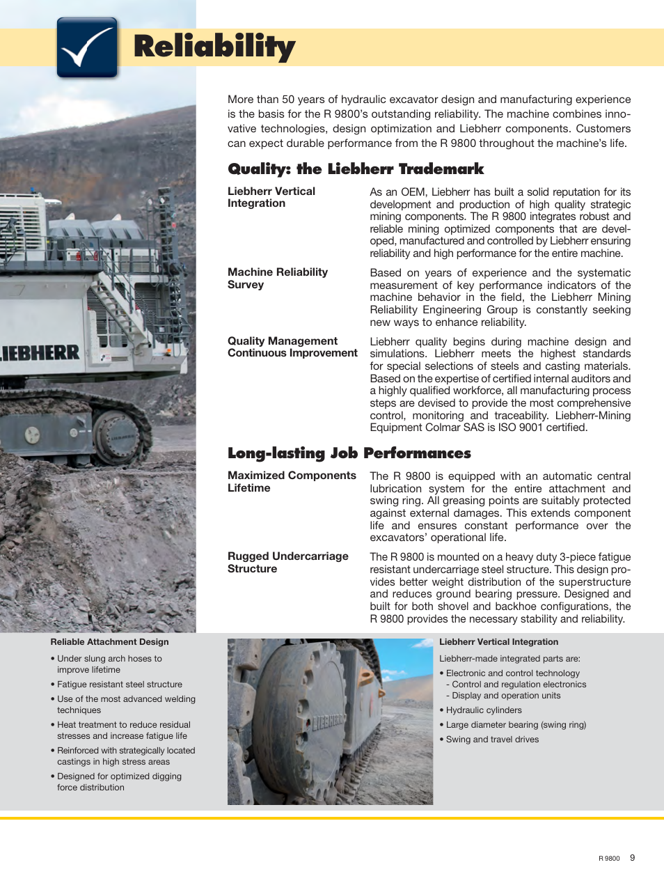 Reliability, Quality: the liebherr trademark, Long-lasting job performances | Liebherr R 9800 User Manual | Page 9 / 22