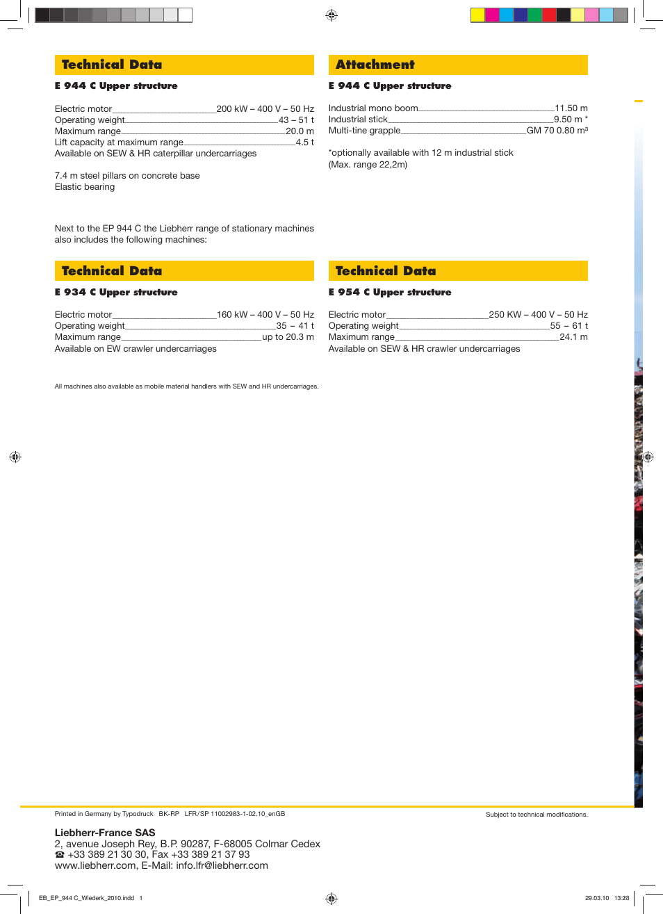 Technical data, Technical data attachment | Liebherr EP 944 C Stationary Material Handler User Manual | Page 4 / 4