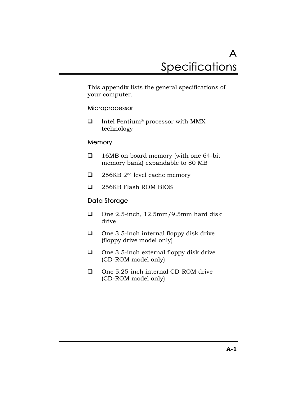 Specifications, Appendix a, Appendix a specificatio | Aspecifications specifications | Acer 365 Series User Manual | Page 129 / 138