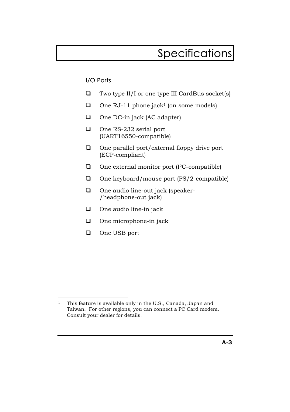 Specifications | Acer 365 Series User Manual | Page 131 / 138