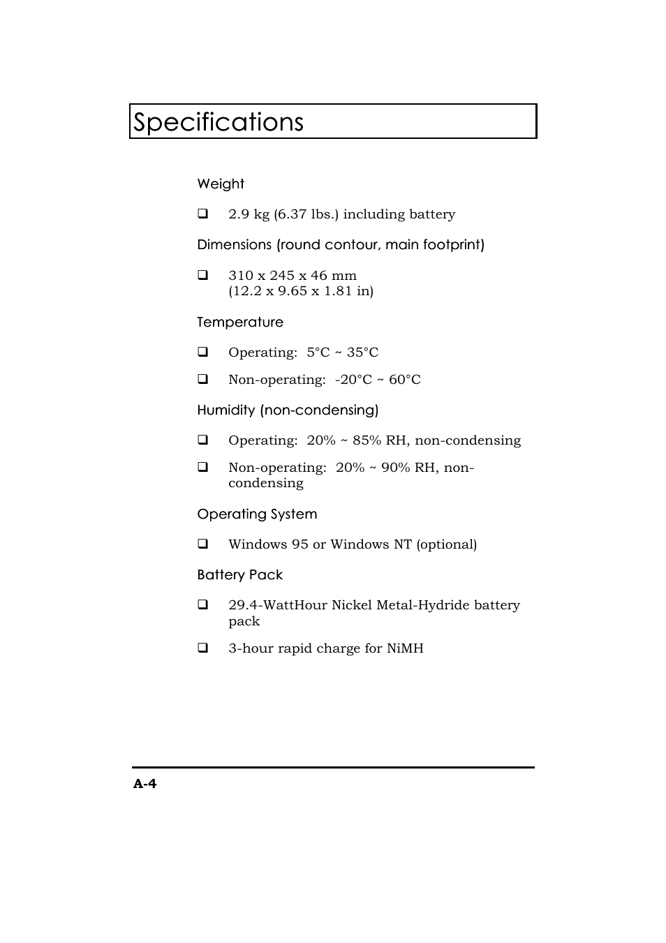 Specifications | Acer 365 Series User Manual | Page 132 / 138