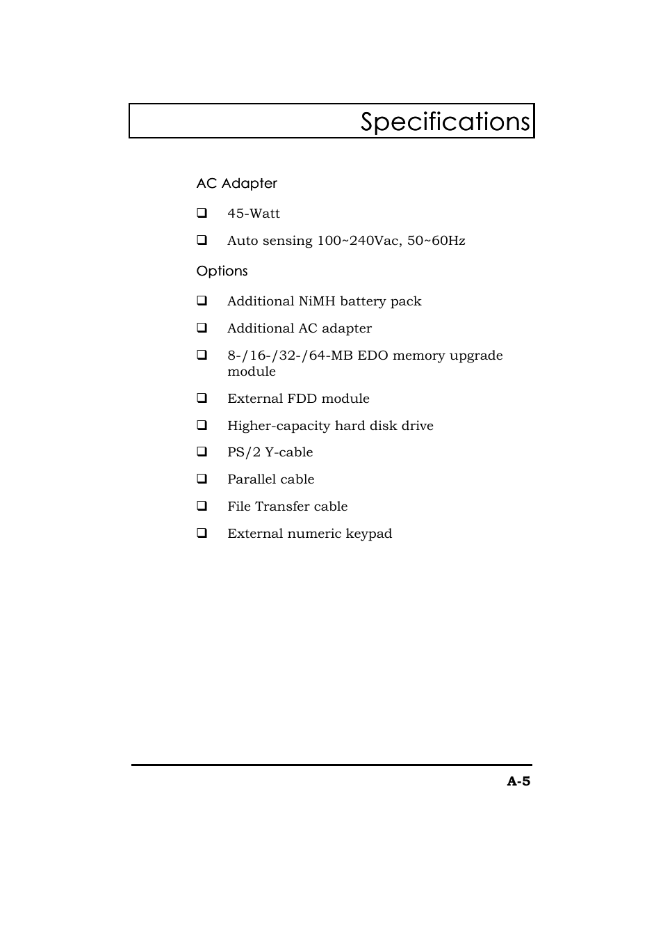 Specifications | Acer 365 Series User Manual | Page 133 / 138