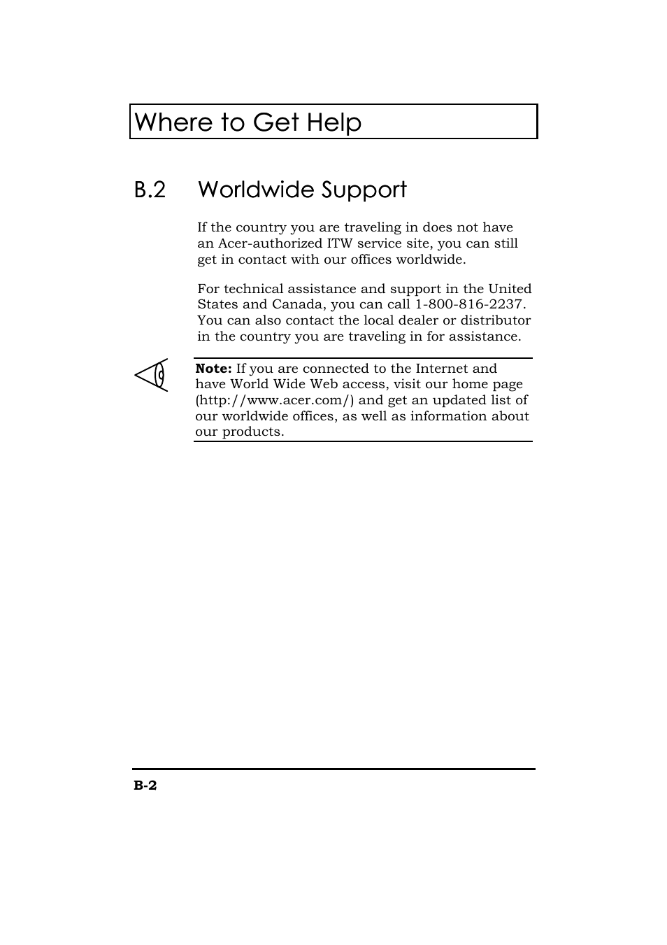 Where to get help, B.2 worldwide support worldwide support | Acer 365 Series User Manual | Page 135 / 138