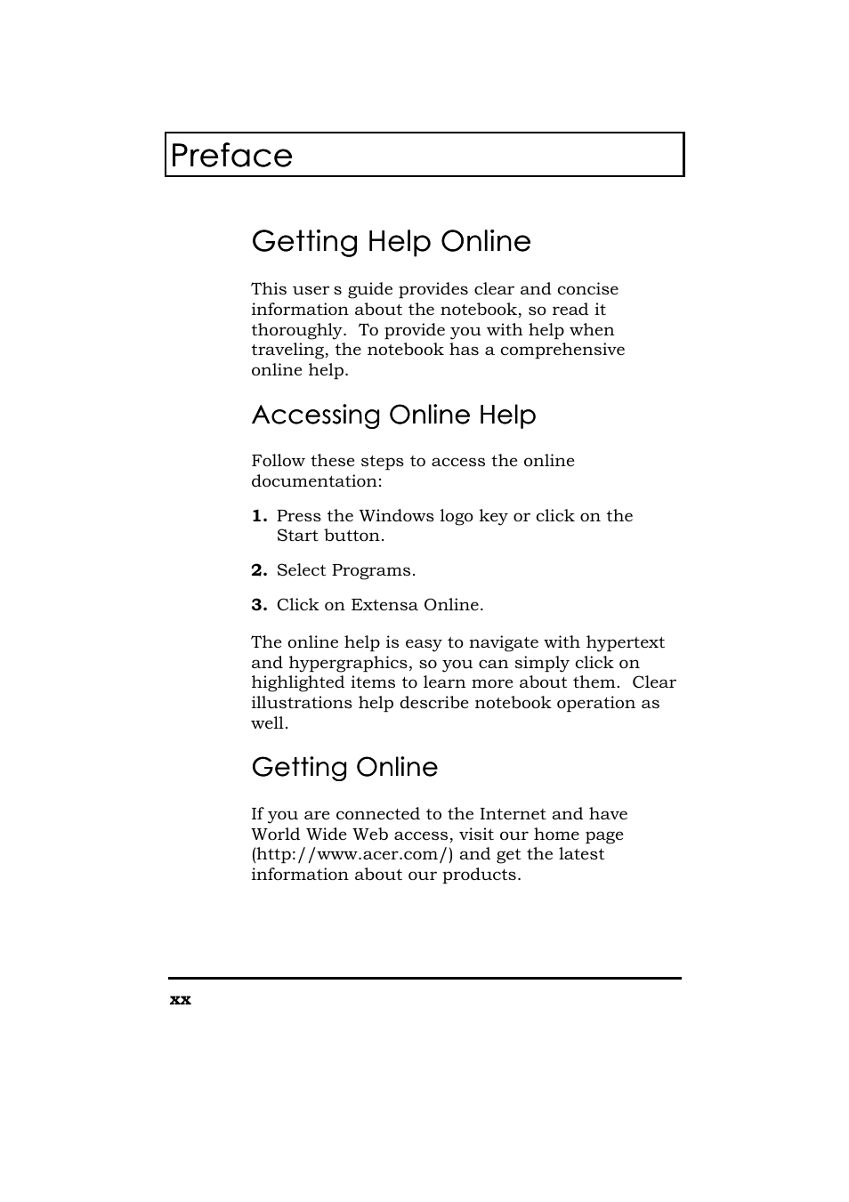 Preface, Getting help online, Accessing online help | Getting onl getting online ine | Acer 365 Series User Manual | Page 20 / 138